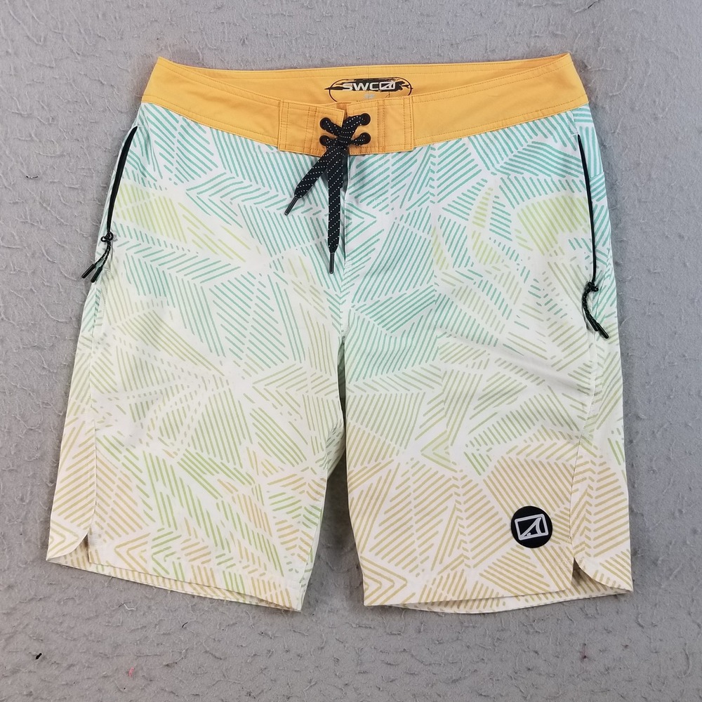 SWC‎ Board Shorts Mens 32 Teal Yellow Geometric Print Hybrid Swim Trunks Stretch